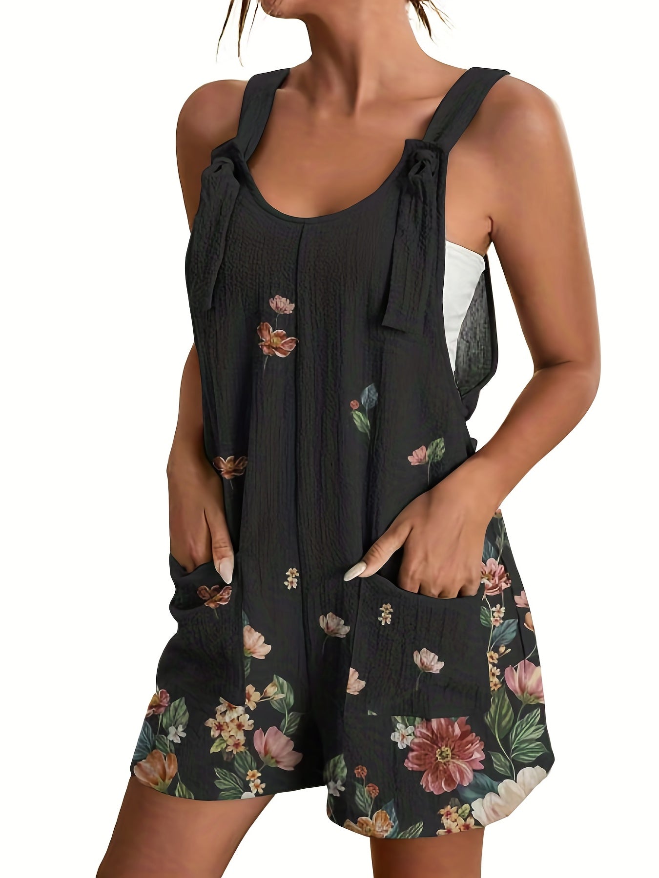 Floral Print Overall Romper Casual Sleeveless Pocket Front Romper