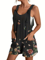 Floral Print Overall Romper Casual Sleeveless Pocket Front Romper