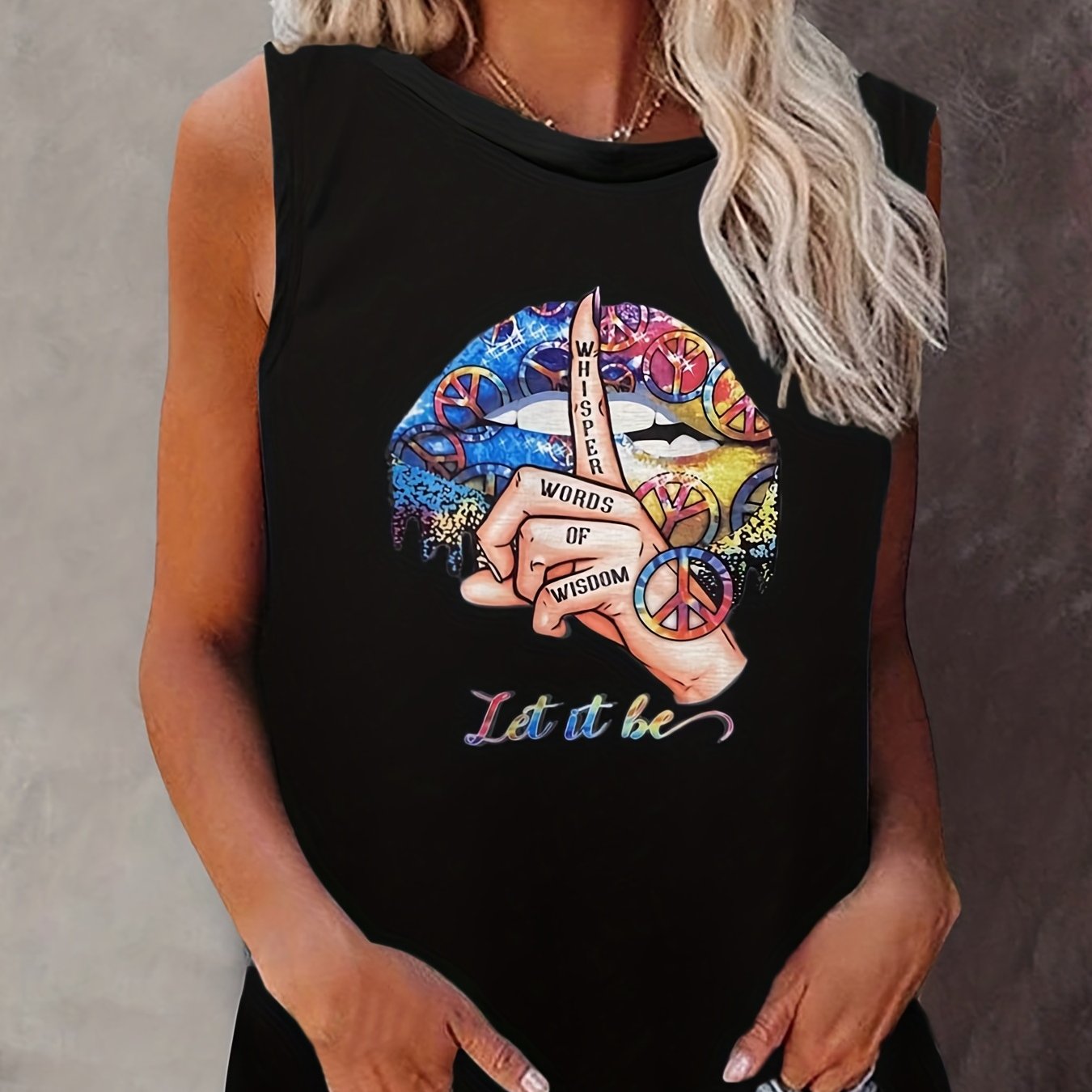 Vintage Lips & Hand Print Tank Top Crew Neck Summer Tank Top