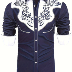 Embroidered Pattern Men's Shirt Top Turn Down Collar