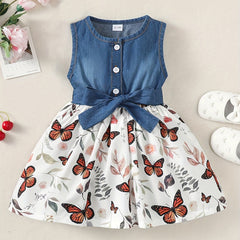 Baby Girls Casual Puffy Denim Dress with Butterflies Print