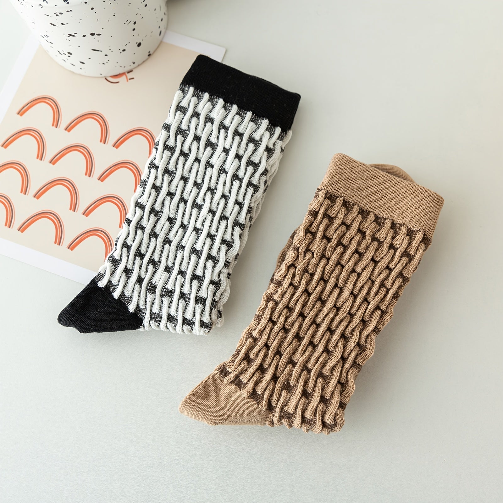 2pairs Women's Mid Tube Socks Set, Textured Design