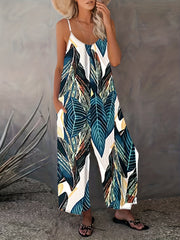 Leaf Print Wide Leg Jumpsuit Sleeveless Spaghetti Strap