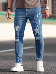 Slim Fit Ripped Cotton Jeans Mens Casual Street Style Distressed Mid Stretch Den