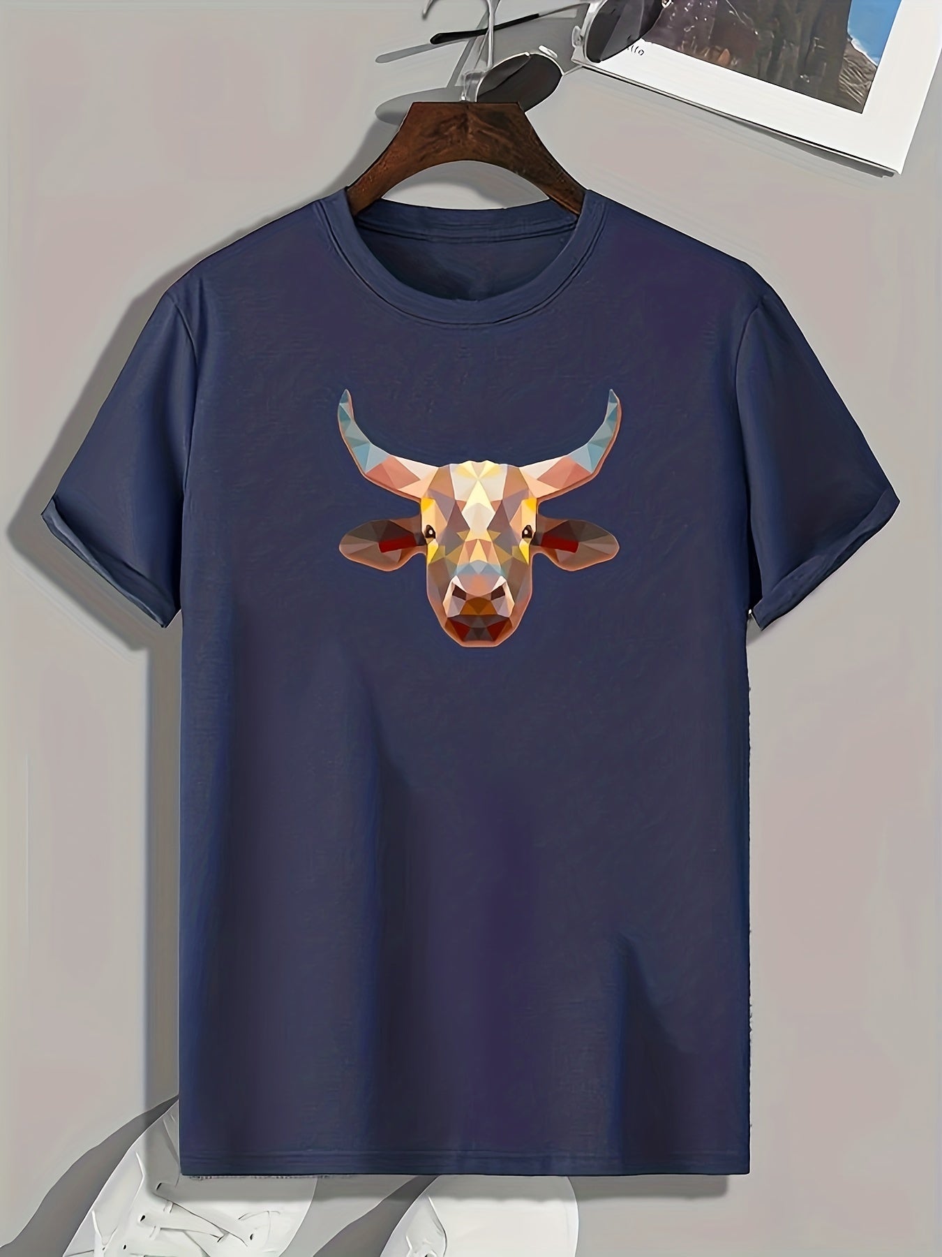 Geometric Bullhead Print Men's Comfy T shirt Outdoor Summer Tee