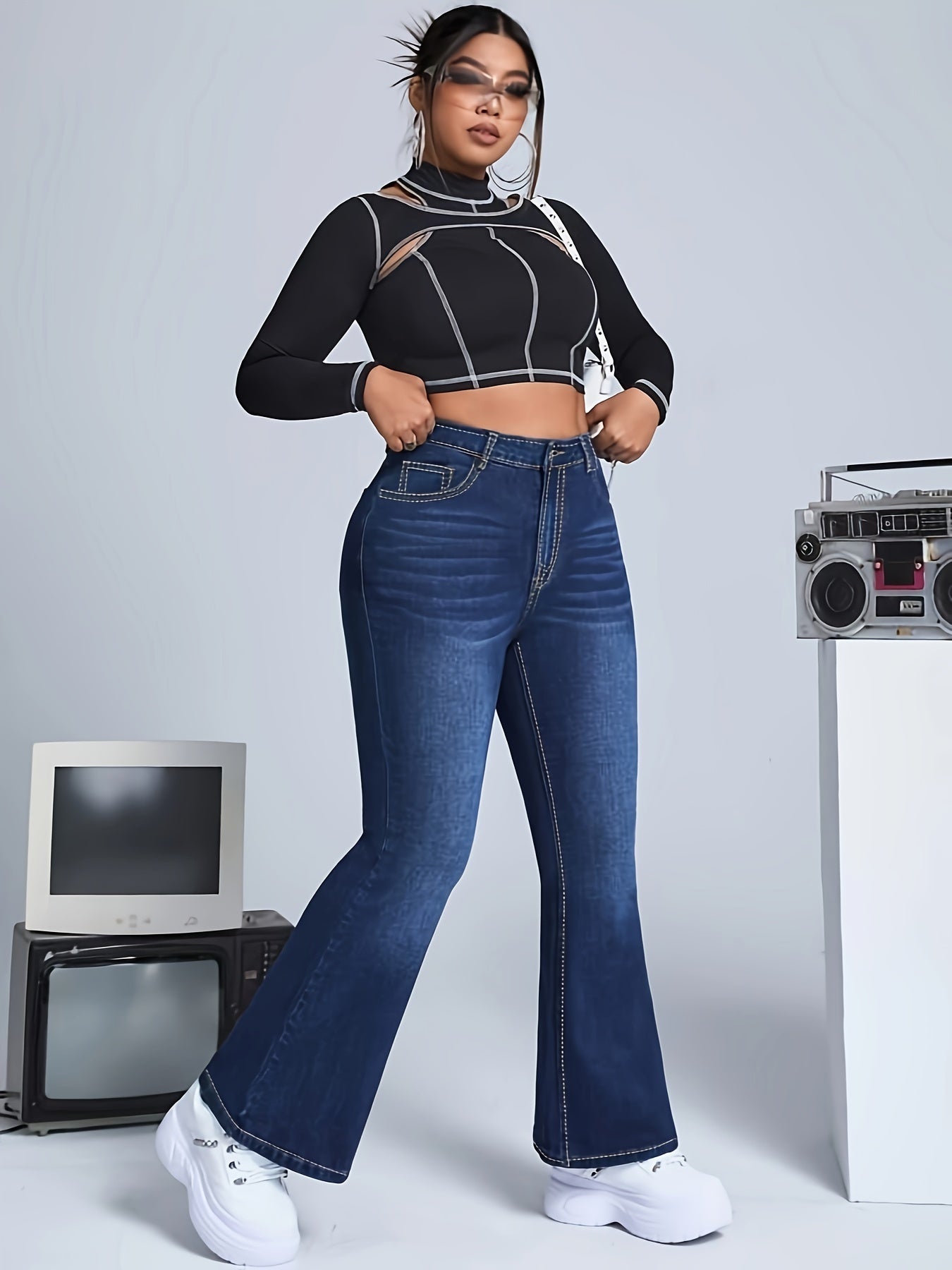 Button Fly High Rise Flared Leg Jeans