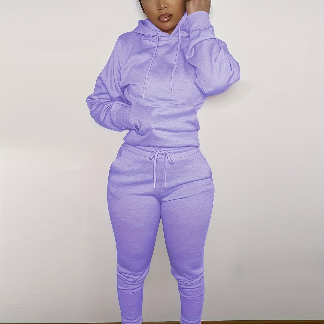 Women's Solid Hooded Sports Set Long Sleeved Tops and Pants