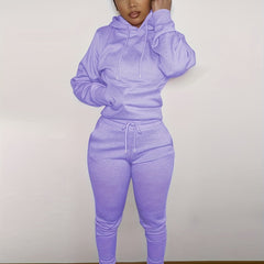 Women's Solid Hooded Sports Set Long Sleeved Tops and Pants