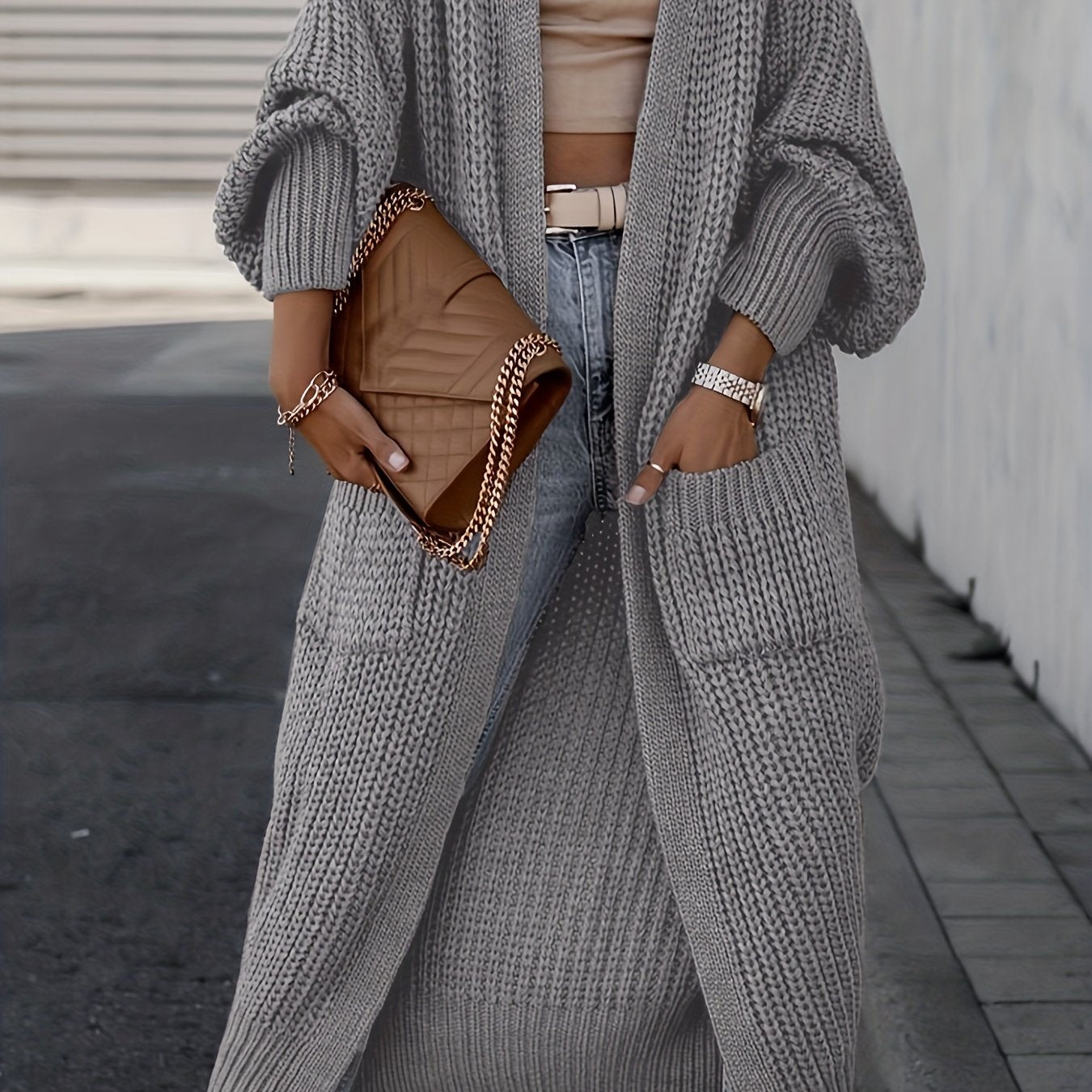 Solid Chunky Long Sleeve Cardigan with Pockets