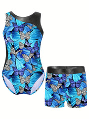 Girls 2pc Gymnastics Training Sets Sleeveless Athletic Jumpsuit & Shorts