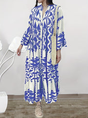 Geo Print Tiered Dress Button Front Boho Long Sleeve