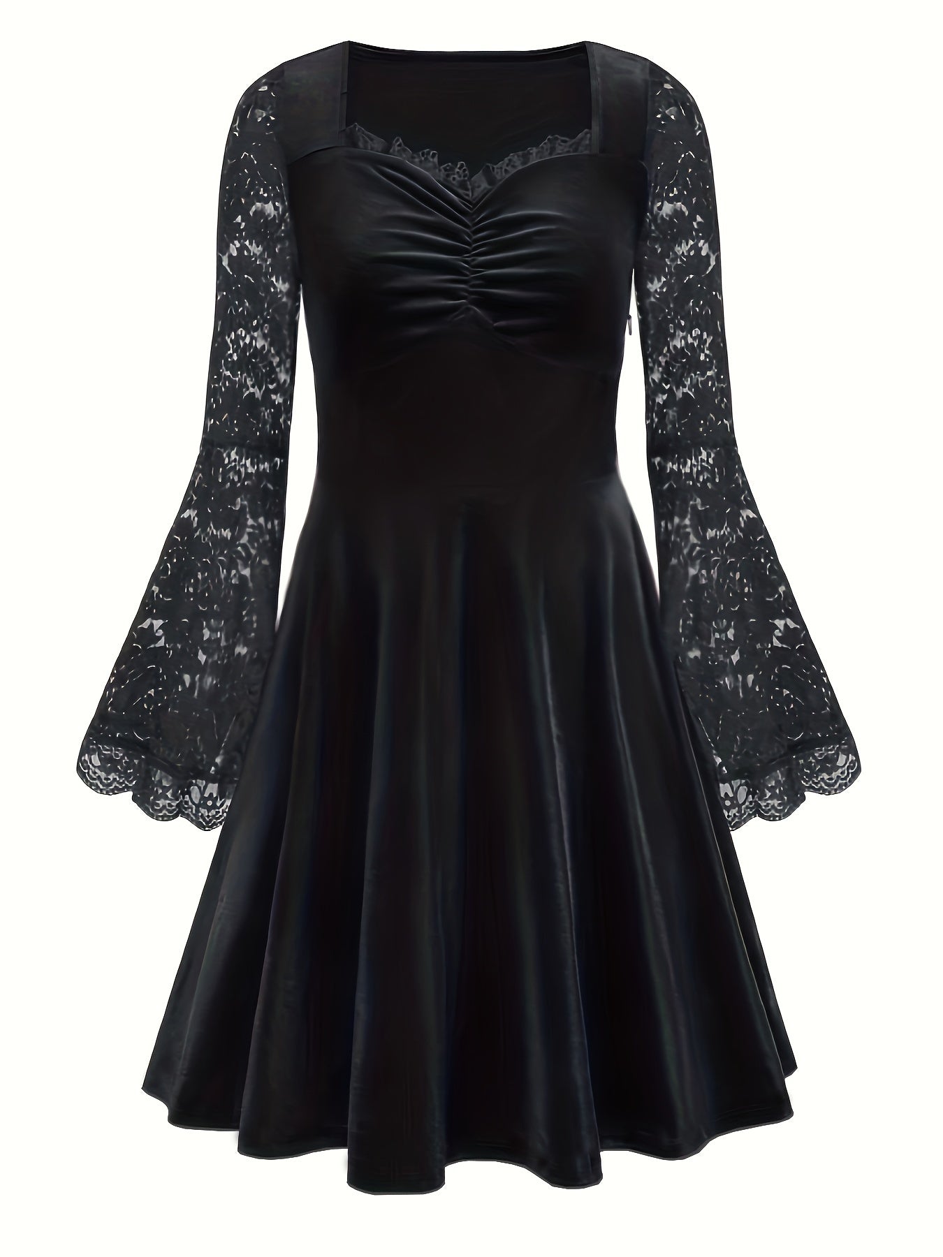 Gothic Dress Women's Solid Contrast Lace Bell Sleeve Maxi Dress