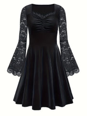 Gothic Dress Women's Solid Contrast Lace Bell Sleeve Maxi Dress