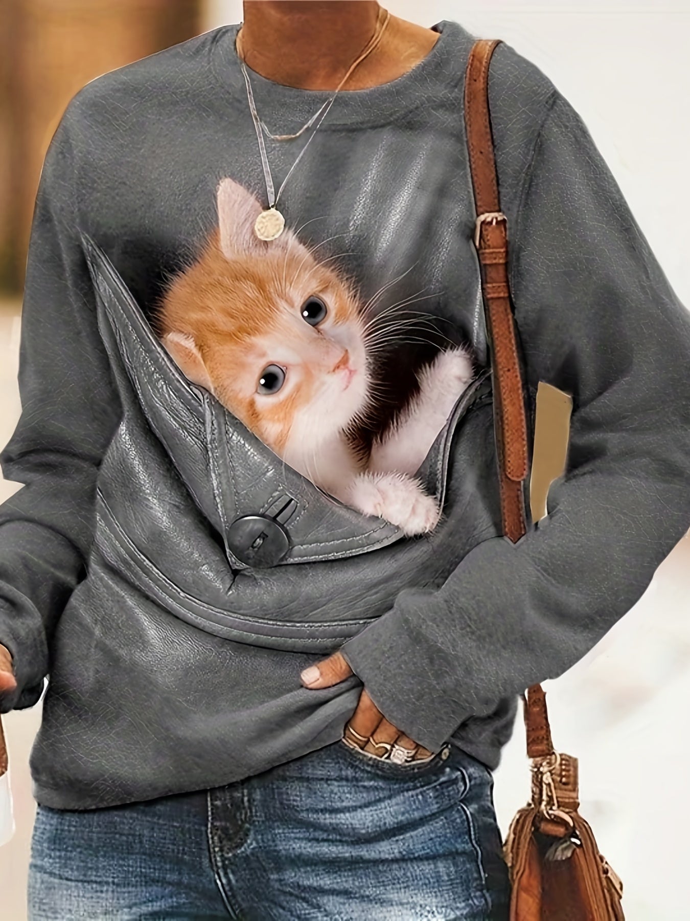 Cat Print Pullover Sweatshirt Casual Long Sleeve Crew Neck Sweatshirt