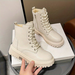 Women's Plush Lined Combat Boots Lace Up Side Zipper Winter Ankle Boots