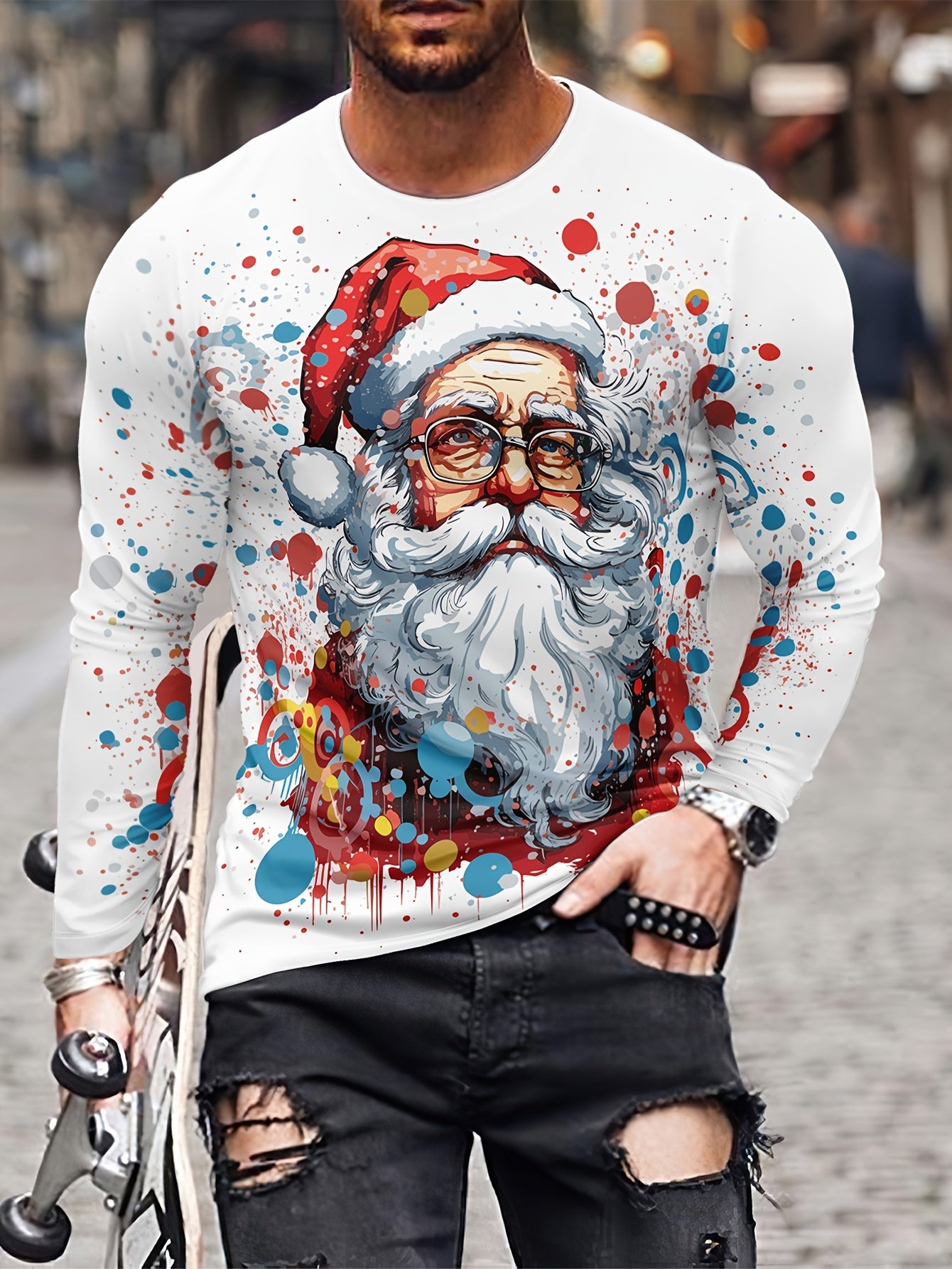 Christmas Santa Claus Print Men's Long Sleeve T-shirt for Autumn