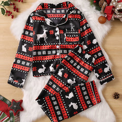 Kids Satin Lounge Wear Homewear Top & Pants Set Pajamas Set With Elk Pattern