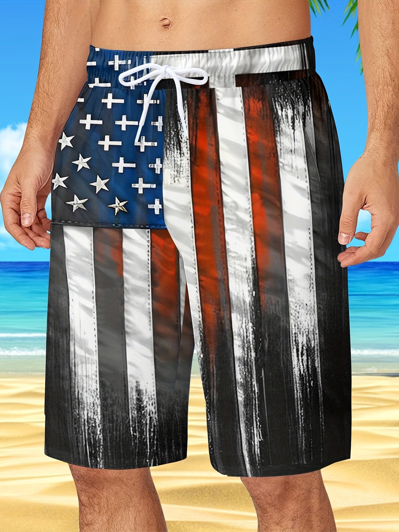 Flag Pattern Men's Drawstring Beach Shorts Hawaiian Style Shorts