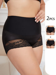 2 Pack Plus Size Lace High Waisted Tummy Control Shapewear Shorts Set