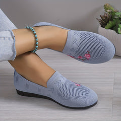 Floral Embroidered Flat Shoes Knit Slip On Casual Flats