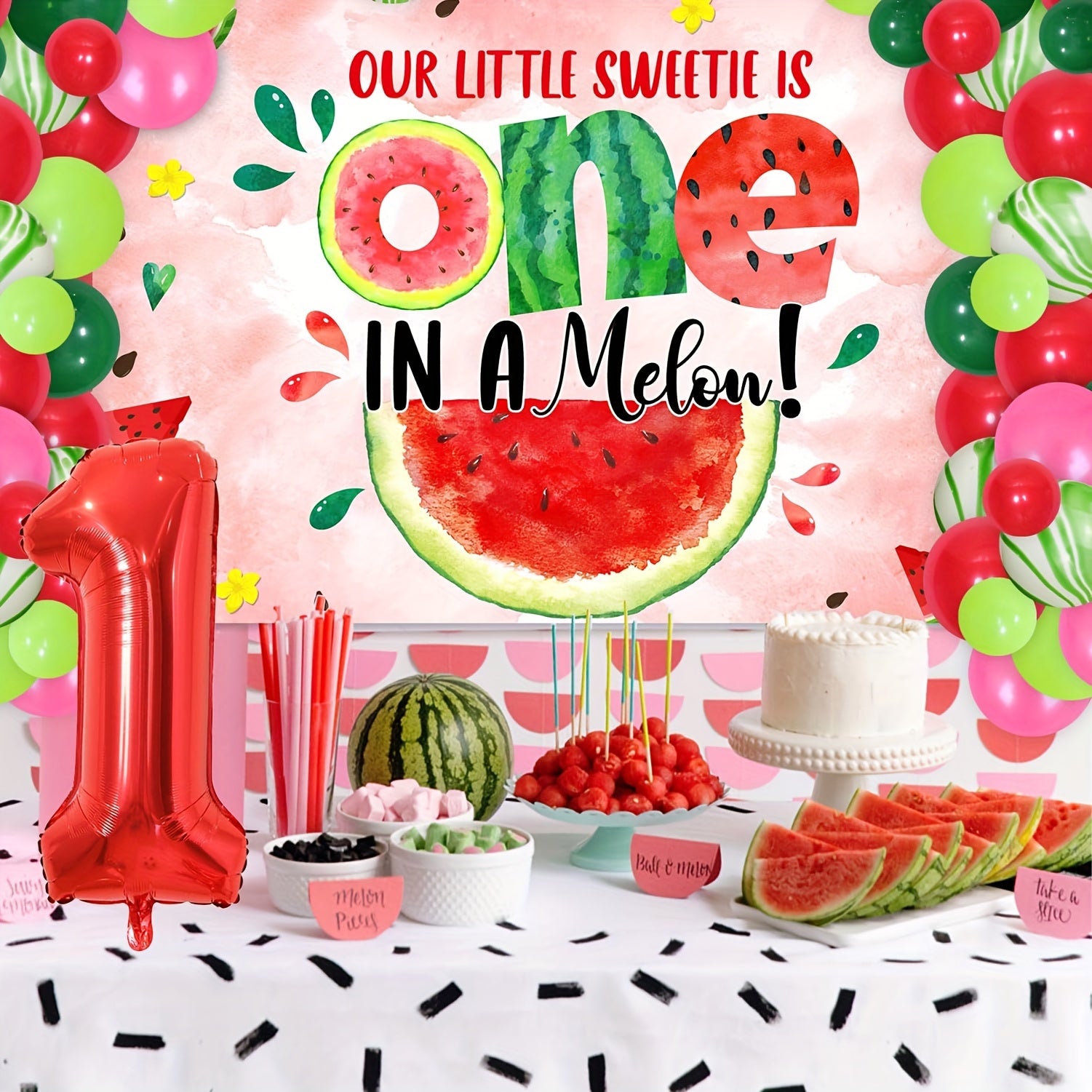 Watermelon Theme Birthday Decorations + Number 1 Foil Balloons