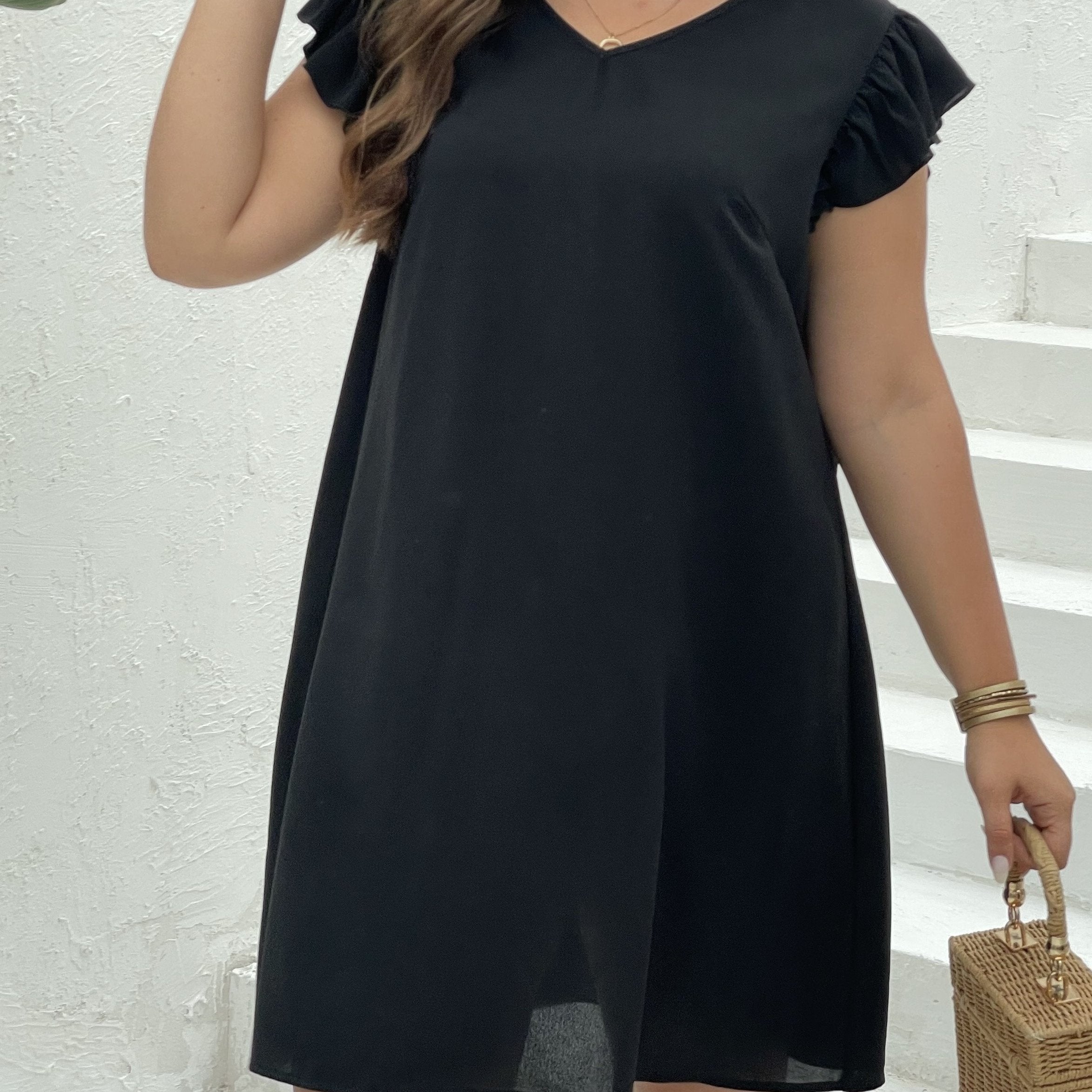 Solid Ruffle Sleeve V Neck Knee Length Dress