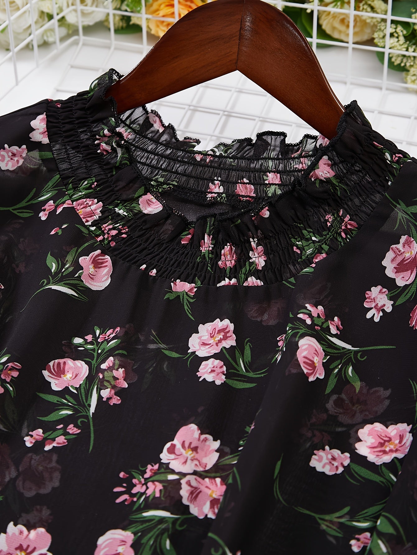 Floral Print Flounce Sleeve Ruffle Trim Mock Neck Shirt Top