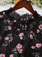 Floral Print Flounce Sleeve Ruffle Trim Mock Neck Shirt Top