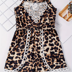 Leopard Lace Trim Cami Rompers Jumpsuits for Toddler Girls