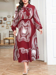 Boho Abstract Print Lantern Sleeve Maxi Dress