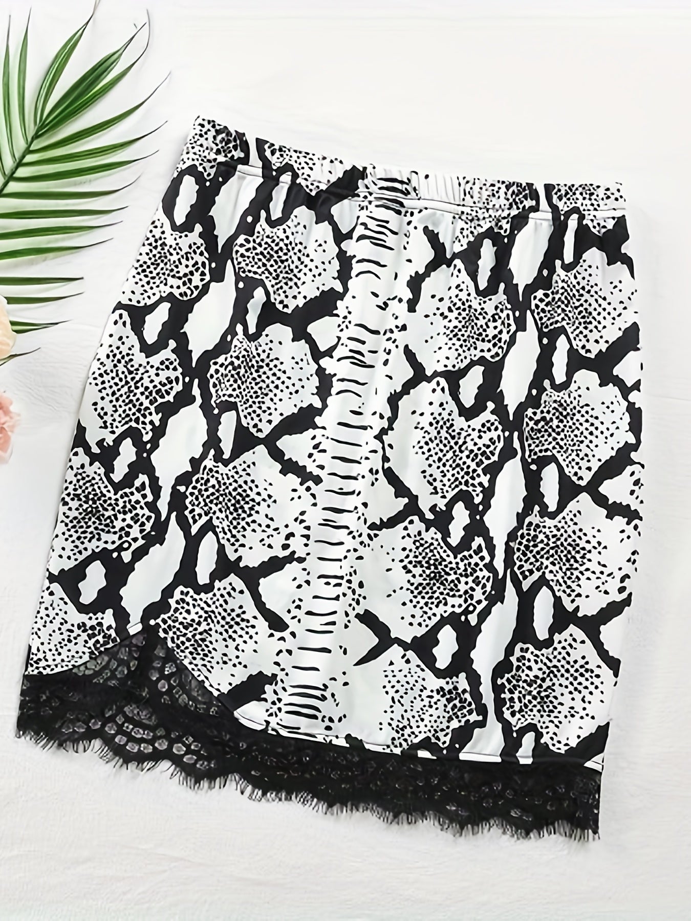 Snake Skin Print Lace Trim Skirt Sexy Slim Elastic Waist Skirt
