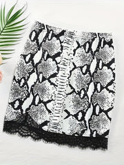 Snake Skin Print Lace Trim Skirt Sexy Slim Elastic Waist Skirt