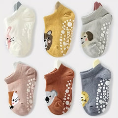 6 Pairs Toddler Cotton Animal Ankle Socks w/ Grips for Kids
