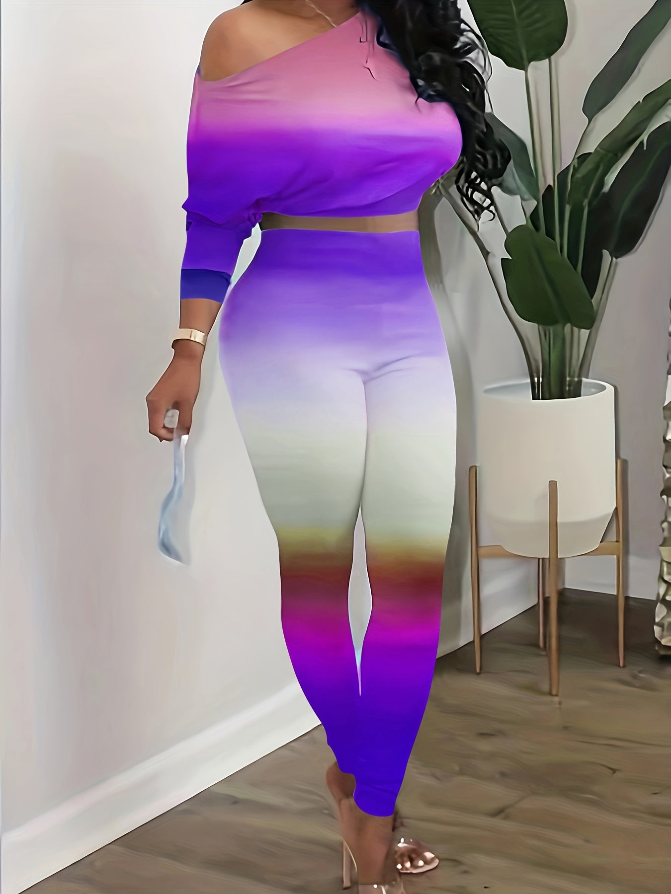 Casual Gradient Two piece Set Cold Shoulder Long Sleeve Top & Slim Pants Outfits