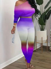 Casual Gradient Two piece Set Cold Shoulder Long Sleeve Top & Slim Pants Outfits