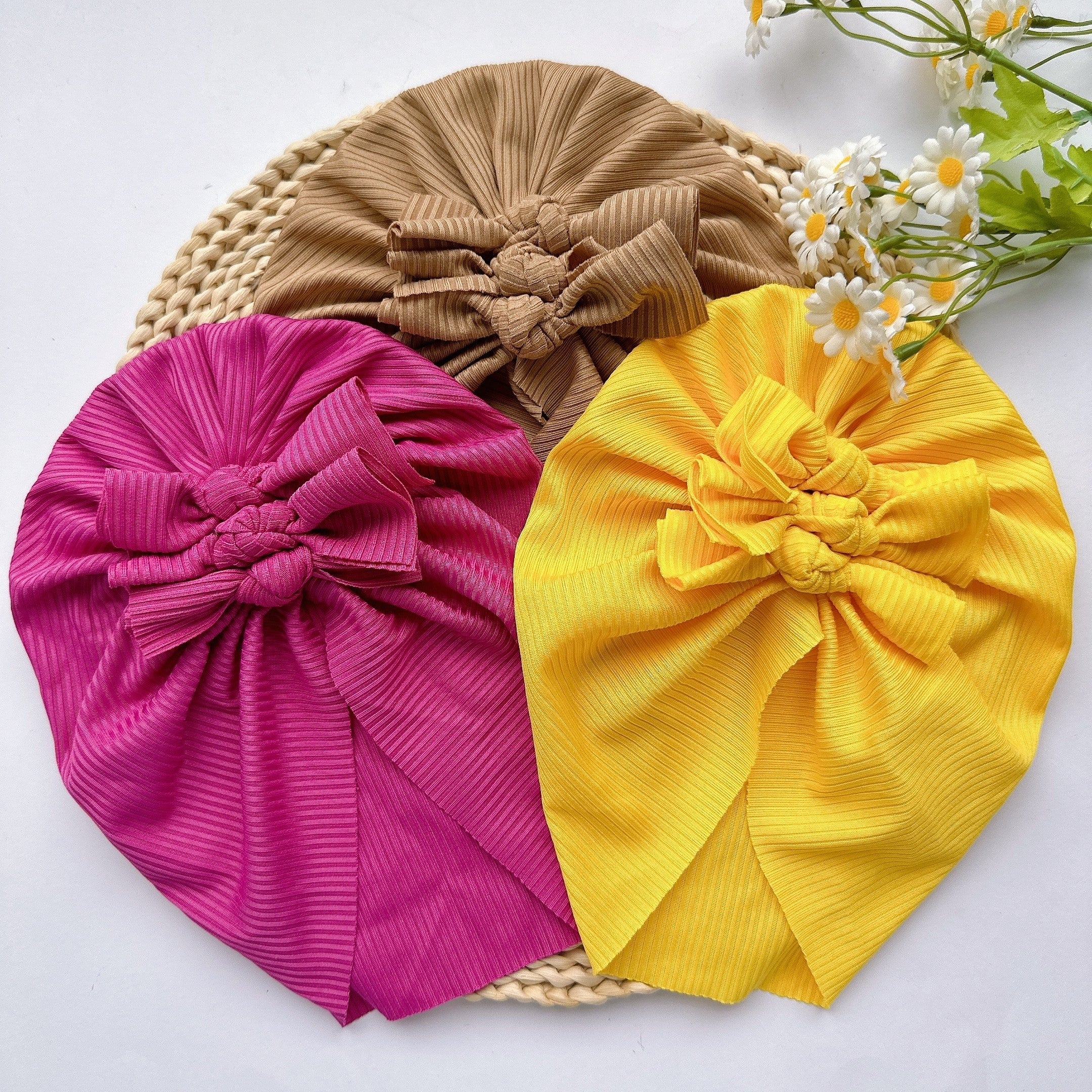 Soft Elastic Strip Flower Baby Hat With Kelp Knot Hat For Girl