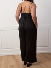 Solid Ruched Wide Leg Cami Jumpsuit With Pockets