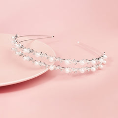 Double Layer Faux Pearls Crown Headband With Rhinestones