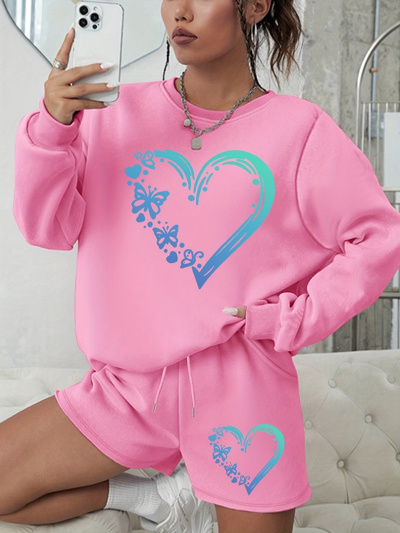Heart & Butterfly Print Sweatshirt & Shorts 2 Piece Set