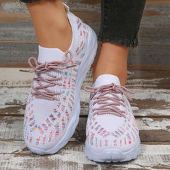 Women's Knit Lace Up Sneakers Breathable Sports Shoes