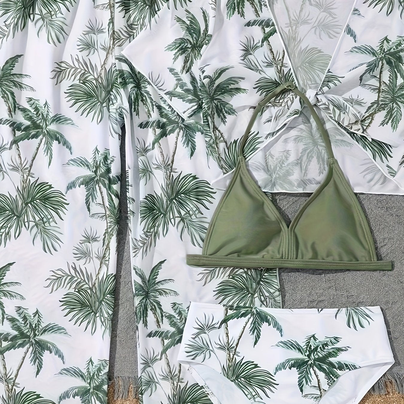 4pcs Coconut Tree Swimsuit Set for Girls - Comfy Bathing Suit