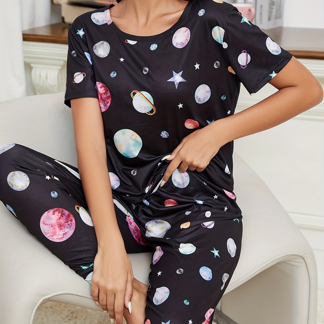 Planet Print Pajama Set Short Sleeve Top & Long Pants Women's Loungewear