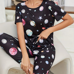 Planet Print Pajama Set Short Sleeve Top & Long Pants Women's Loungewear
