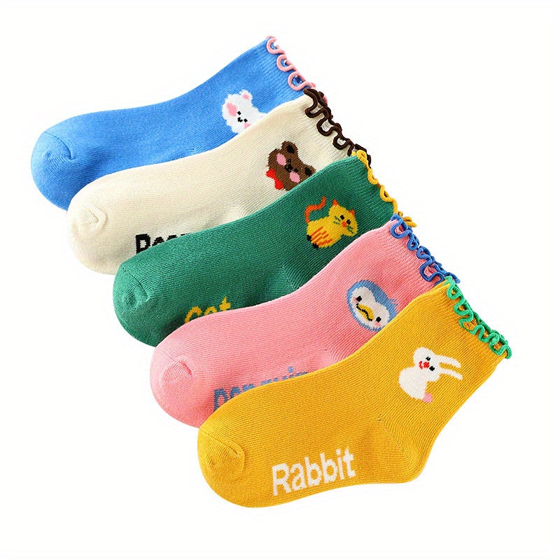 5 Pairs Girls Cartoon Animal Pattern Socks for All Season