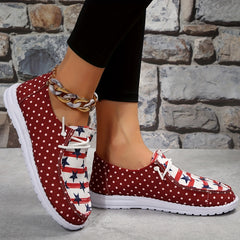 Women's Star & Stripe & Dotted Pattern Patchwork Boat Shoes Lace Up Flat Shoes