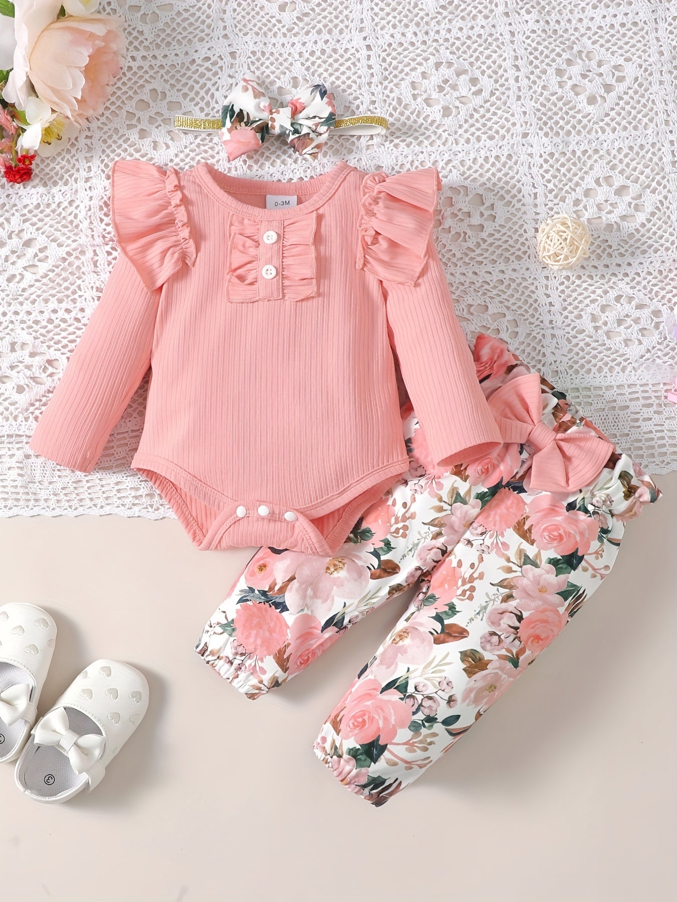 Baby 3pcs Outfits Floral leopard Pants & Ruffle Romper Set