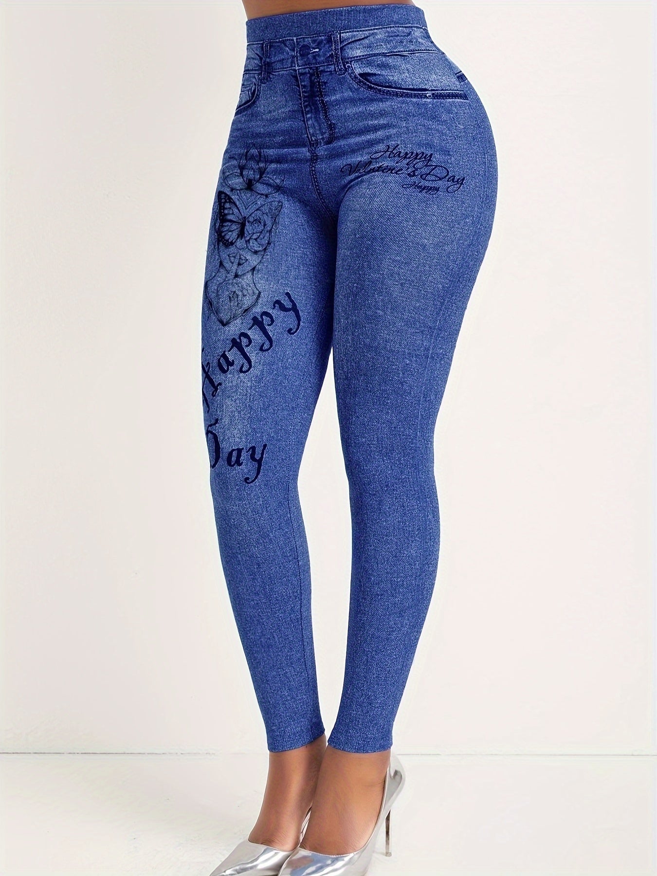 Denim Butterfly Print High Rise Leggings