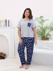 Casual Pajama Set Solid Short Sleeve Tee & Striped Pants