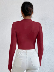 Ruched Bodysuit Mock Neck Long Sleeve Stretchy Solid Skinny One Piece