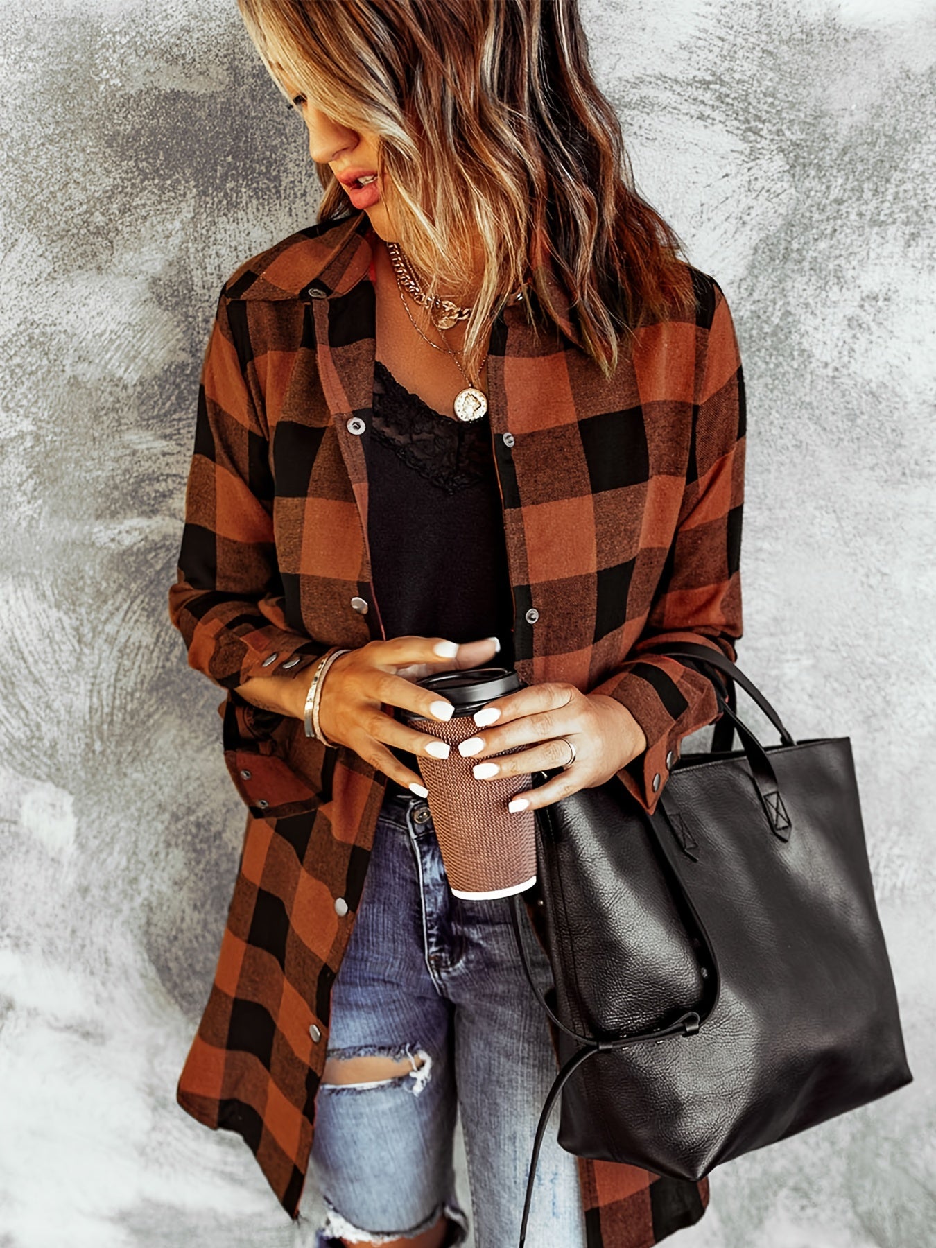 Plaid Shirt Jacket Long Sleeve Casual Plaid Shacket For Spring & Fall Women's